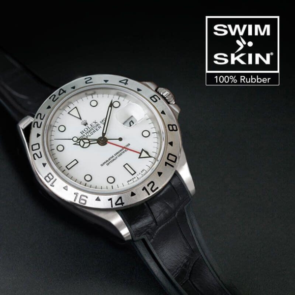 Gummirem til Rolex Explorer II 40 mm ref 16570 Sort Alligator Glidelock