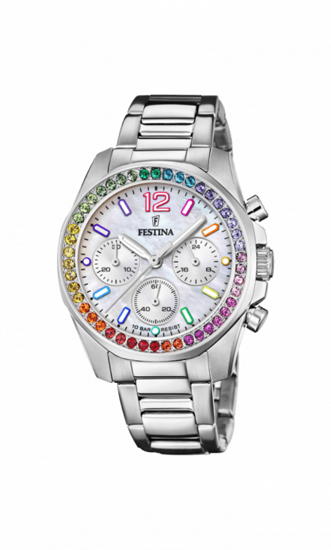 Festina i stål med rainbow sten. Uret har chronograf og dato visning