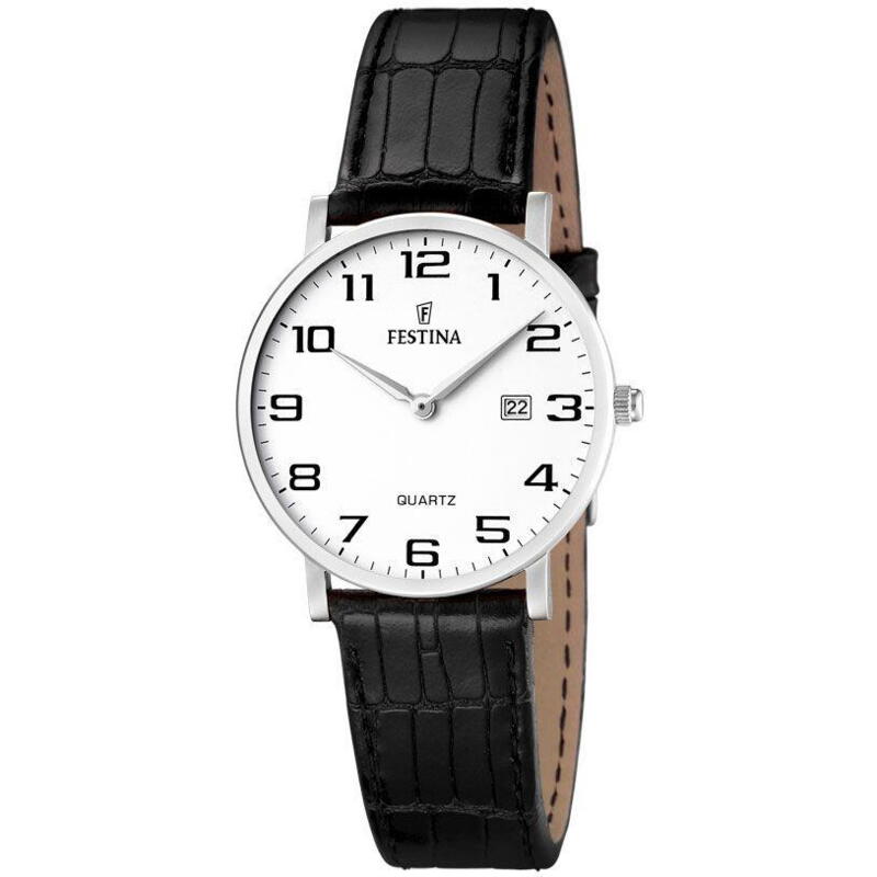 Enkelt og klassisk Festina ur med store tydelige tal. Stål kasse og læderrem.